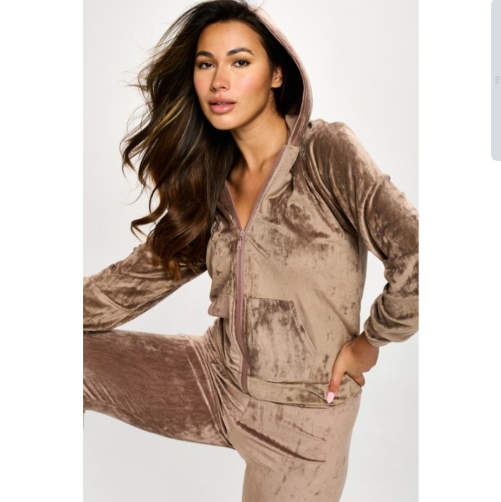 Zip Hoodie Velour Track Suit Set- Taupe